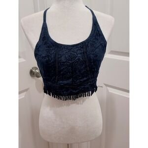 KIRAT Women's Blue Embroidered Fringe Halter Crop Top Boho Festival One Size